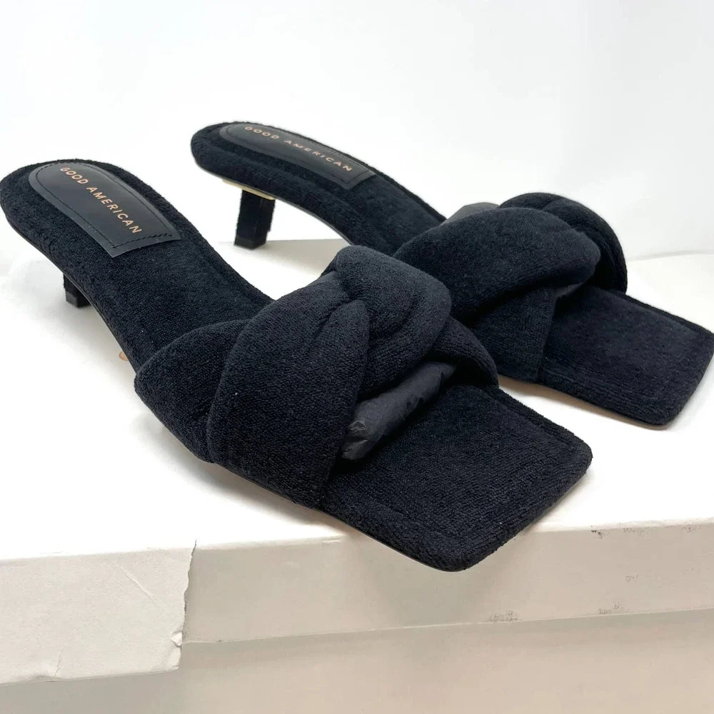 Good American Terry Twisted Strap Kickstand Mules Sandals In Black Size 8 New